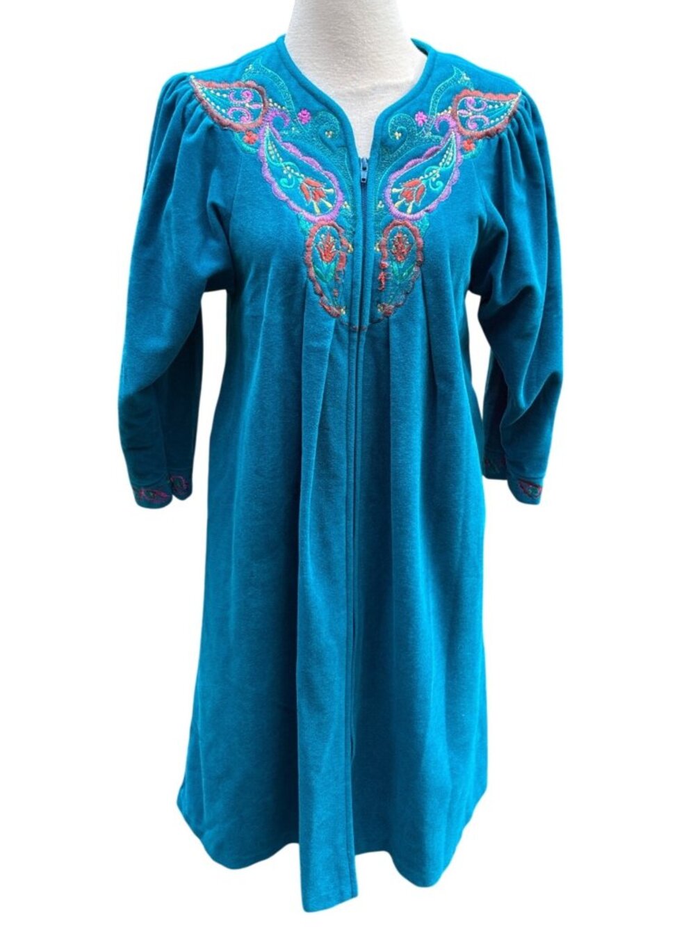 Vintage Vanity Fair Teal Embroider Robe Zip Front 3/4 Sleeves Small Made In USA